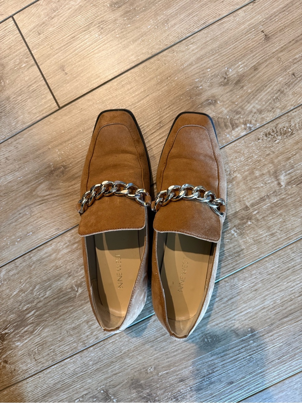 Nine West Brown Suede Chain-Trim Loafers